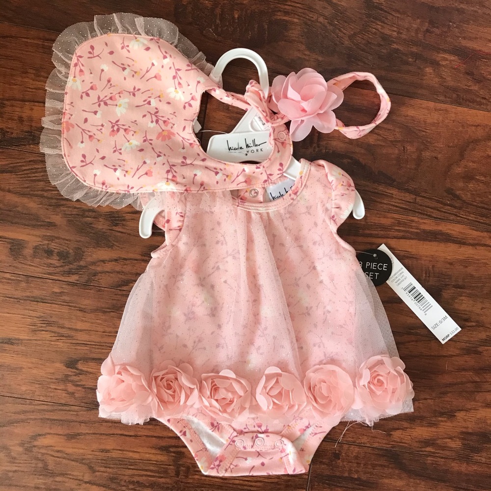 NWT Nicole Miller Onesie Dress with Bib and Bow